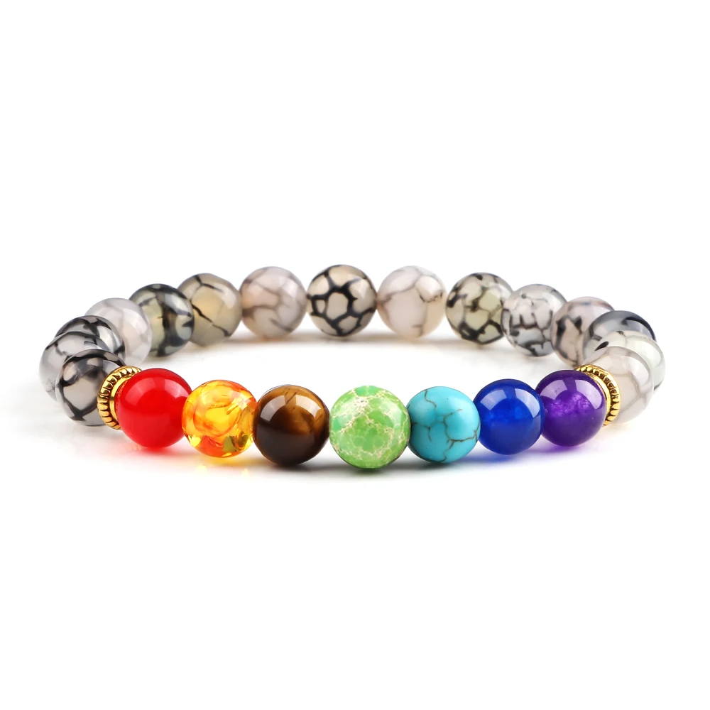 Bracelet 7 chakras noir dragon avec perles colorées