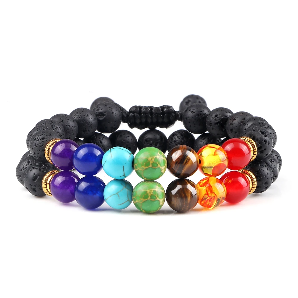 Bracelet 7 chakras lave noire avec perles colorées