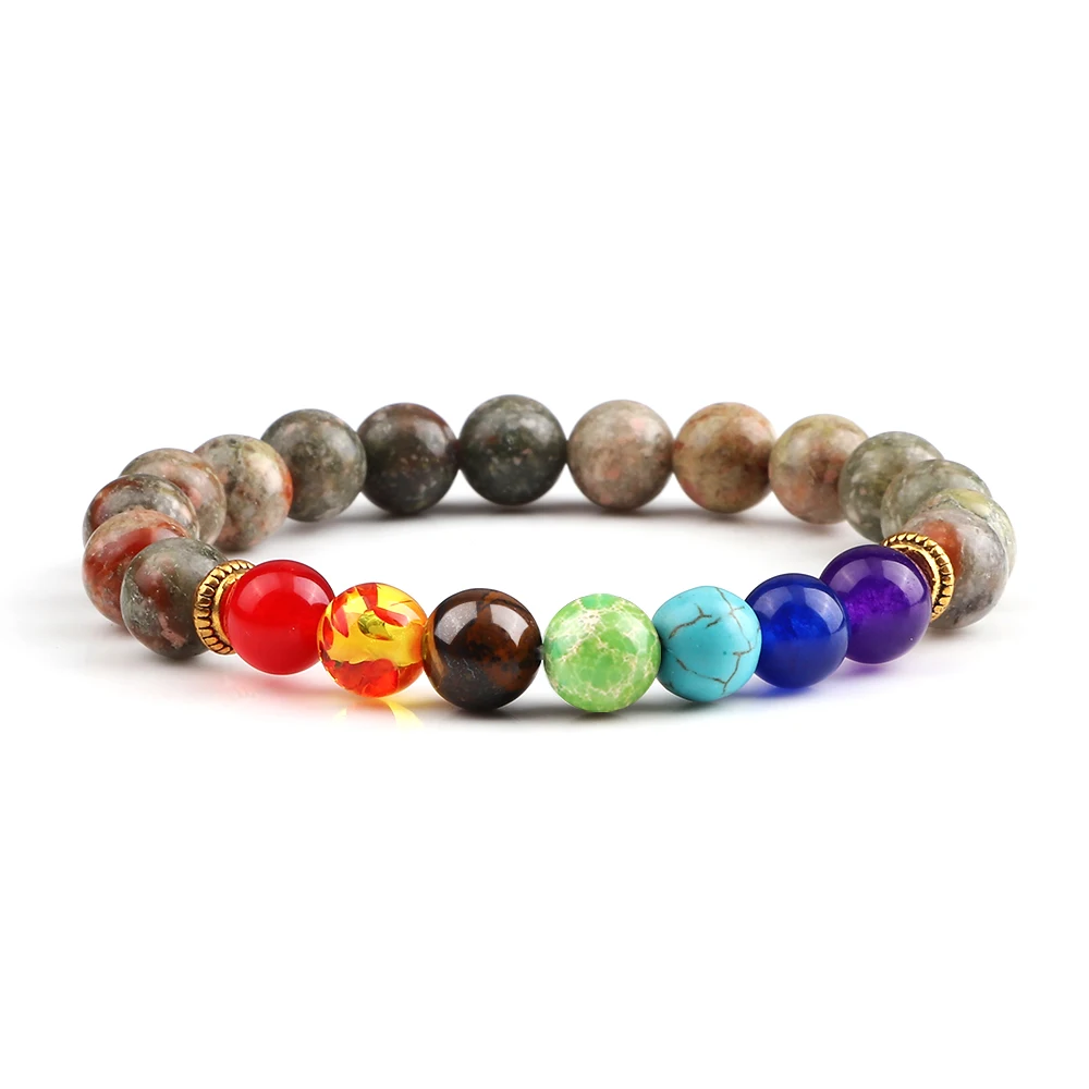 Bracelet 7 chakras vert fleuri avec perles colorées