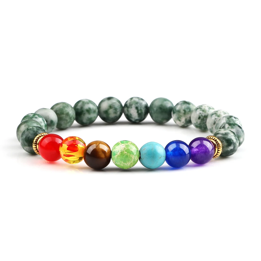 Bracelet 7 chakras vert avec perles colorées