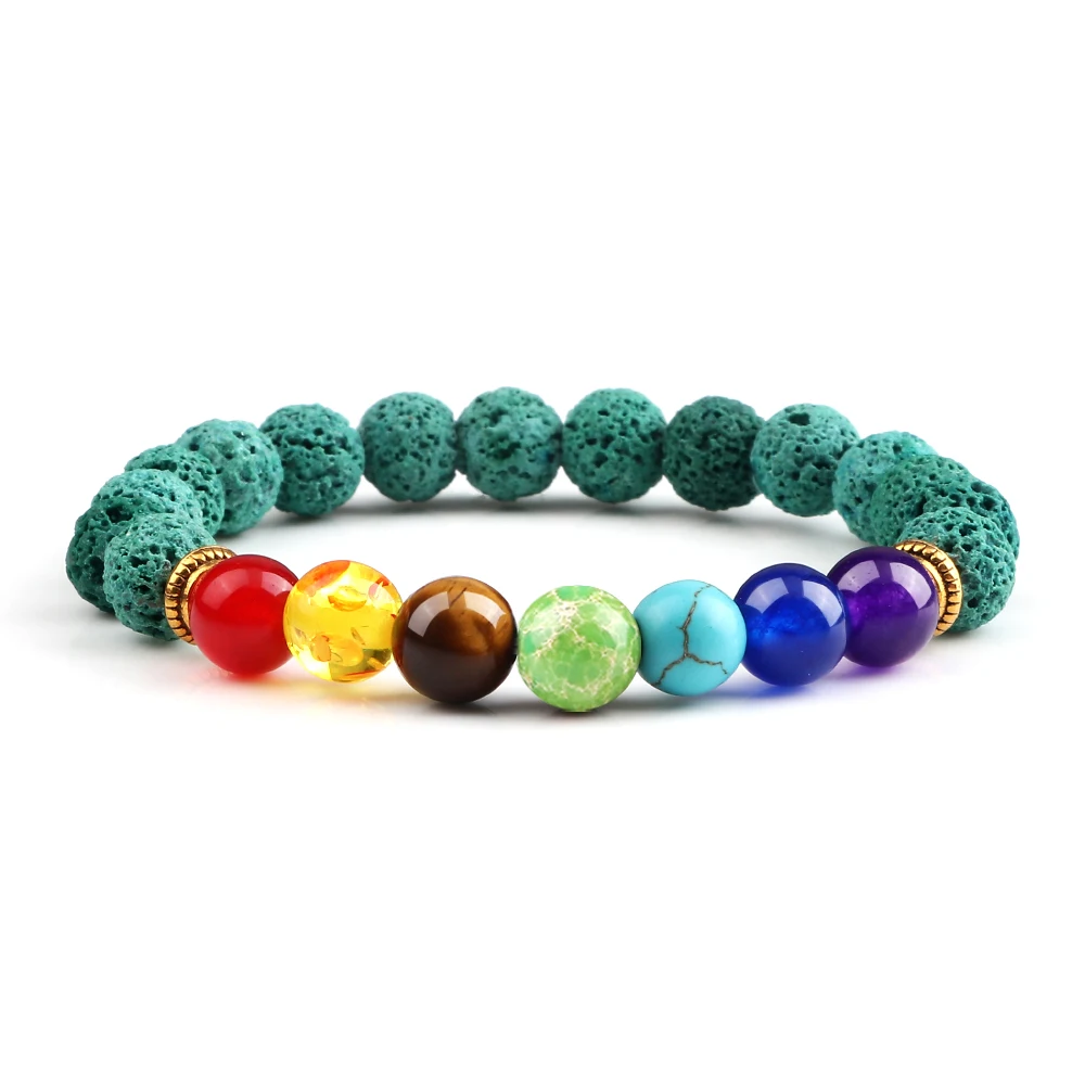 Bracelet 7 chakras vert mat avec perles colorées