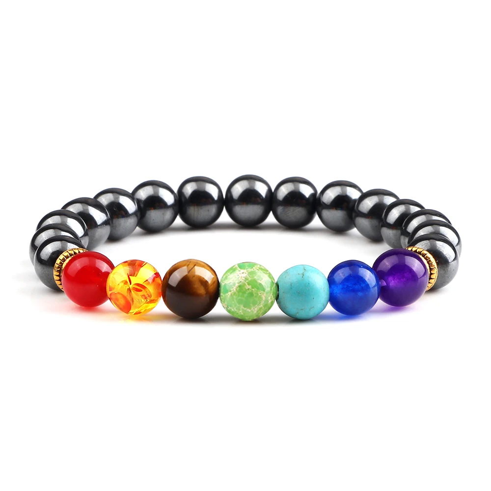 Bracelet 7 chakras gris avec perles colorées