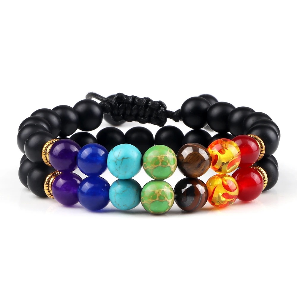 Bracelet 7 chakras noir mat avec perles colorées