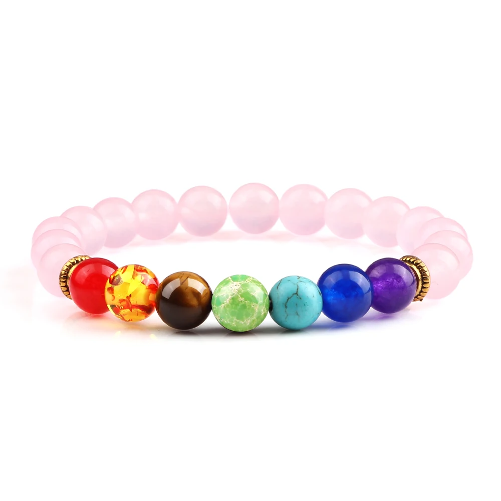 Bracelet 7 chakras rose avec perles colorées