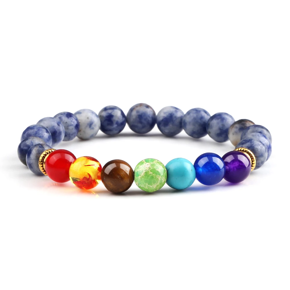 Bracelet 7 chakras bleu blanc avec perles colorées