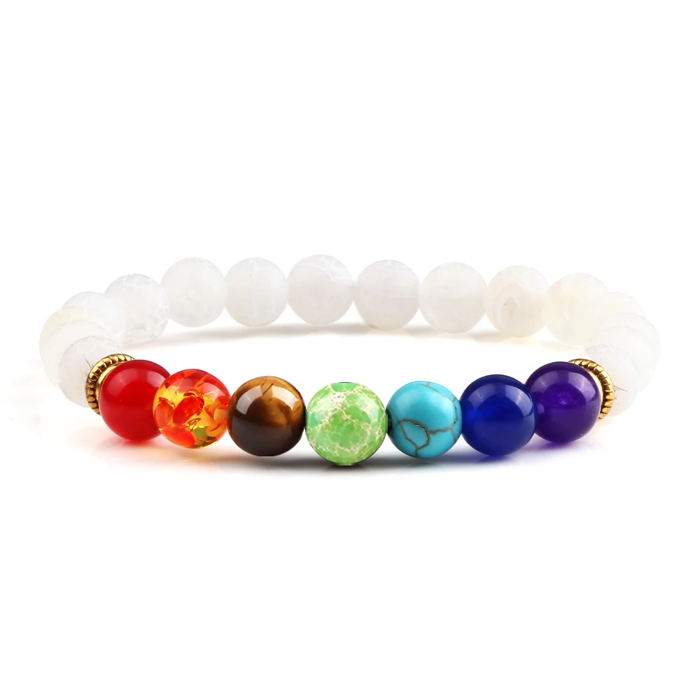 Bracelet 7 chakras blanc patiné avec perles colorées